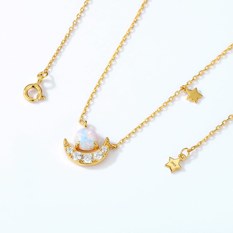 S925 純銀鍍9K金日韓風項鍊|合成歐泊仿鑽星月造型 夢幻浪漫首選