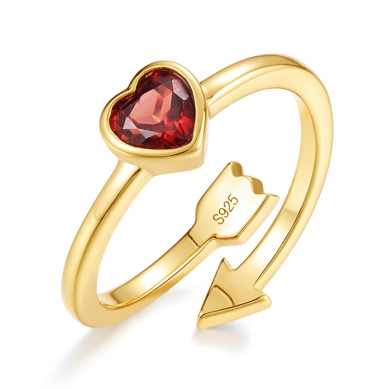 S925 sterling silver plated with 10K gold hand-brushed Cupid's Arrow set | Red garnet Cupid necklace and ring confession gift jewelry