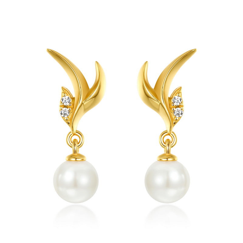 S925 純銀鍍 10K 金日韓風首飾套裝|淡水珍珠鑲仿鑽 葉形造型項鍊耳釘