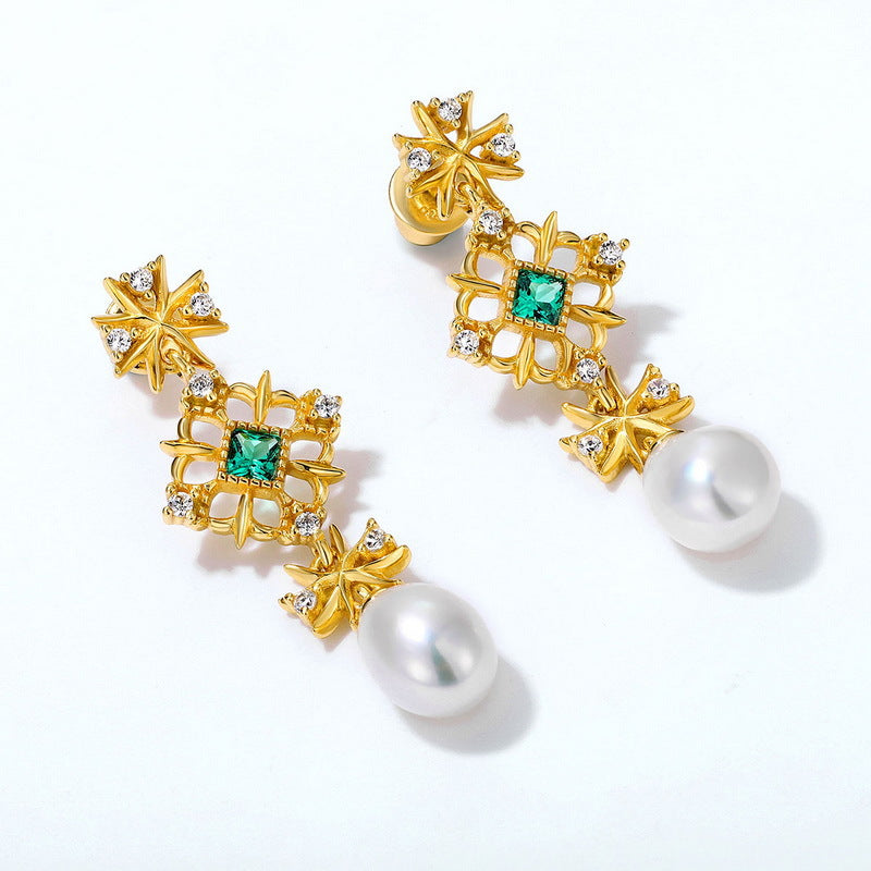 S925 純銀鍍 9K 金耳環|巴洛克異形珠配綠鋯仿鑽 復古奢華風