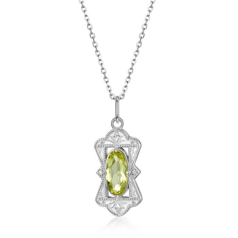 S925 sterling silver Japanese and Korean style retro picture frame lemon crystal pendant necklace