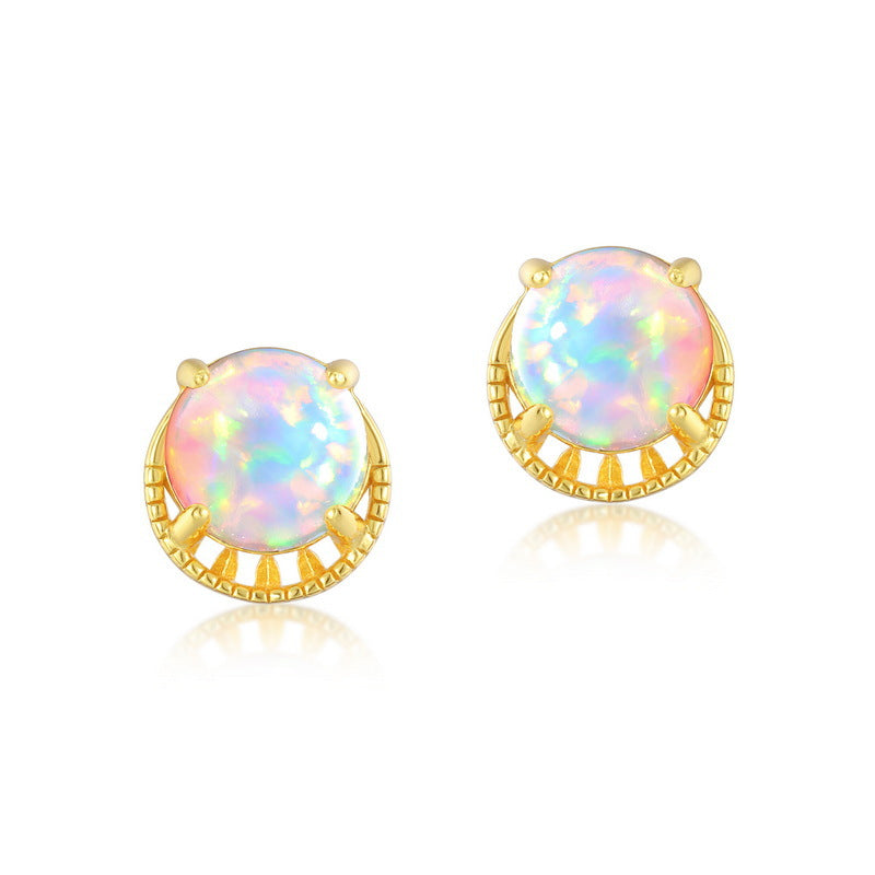 S925 純銀鍍 10K 金日韓風耳釘|合成歐泊 夢幻彩虹寶石必備