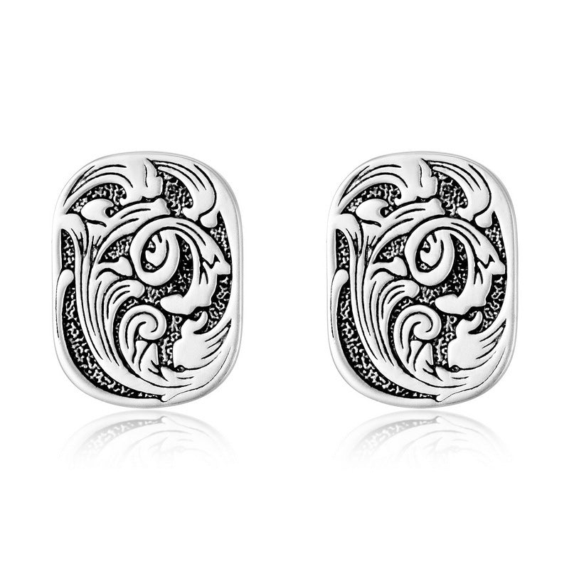 熱銷日韓風飾品!S925 純銀鍍亮銀,復古紋理方型耳釘戒指