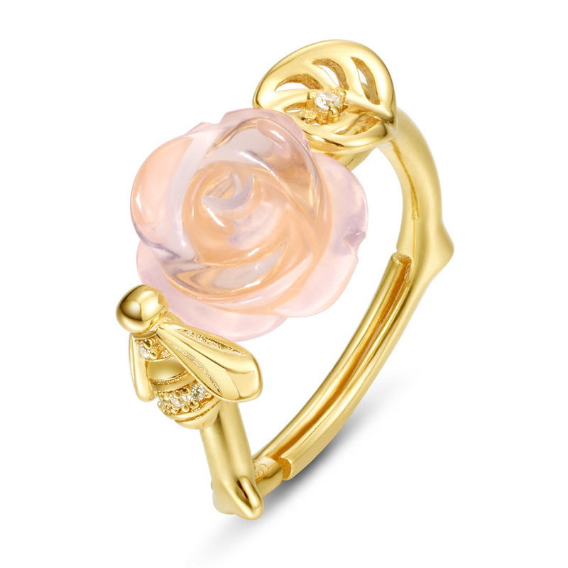 S925 sterling silver 10K gold plated natural pink crystal rose bee ring