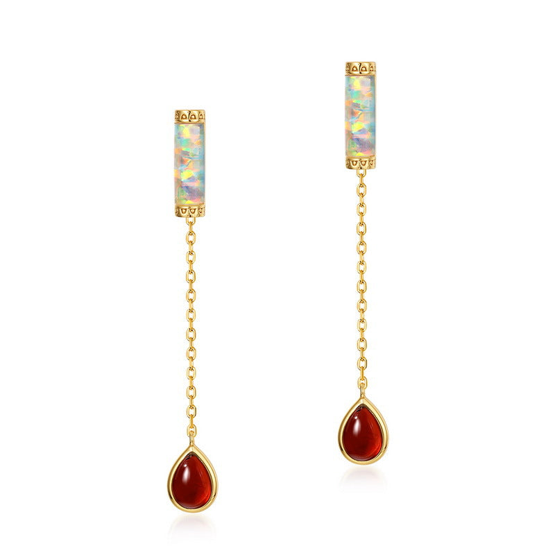 S925 sterling silver with 10K gold plating | Synthetic opal and natural garnet two-piece elegant long earrings