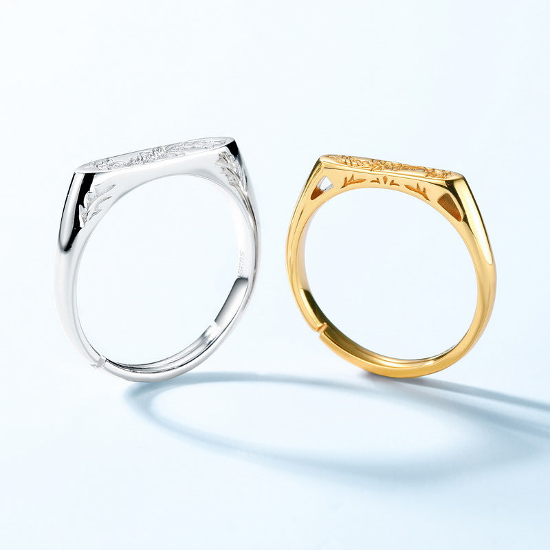 Couple's Rings | Women's S925 sterling silver with 10K gold plating + Men's thick silver and platinum Japanese and Korean trendy floral design