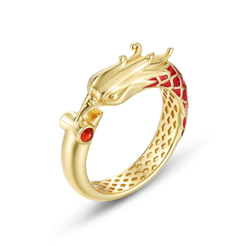 S925 sterling silver with 10K gold plated dragon and phoenix couple rings | Romantic vow design with enamel dragon and phoenix