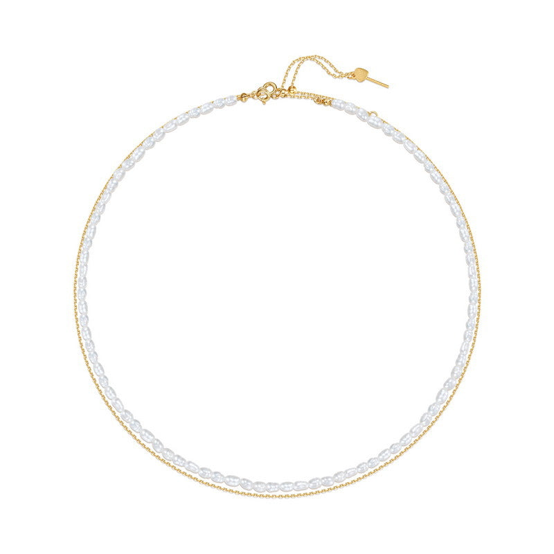 S925 sterling silver with 10K gold plated small millet bead double necklace | Everyday relaxed natural pearl stacking jewelry