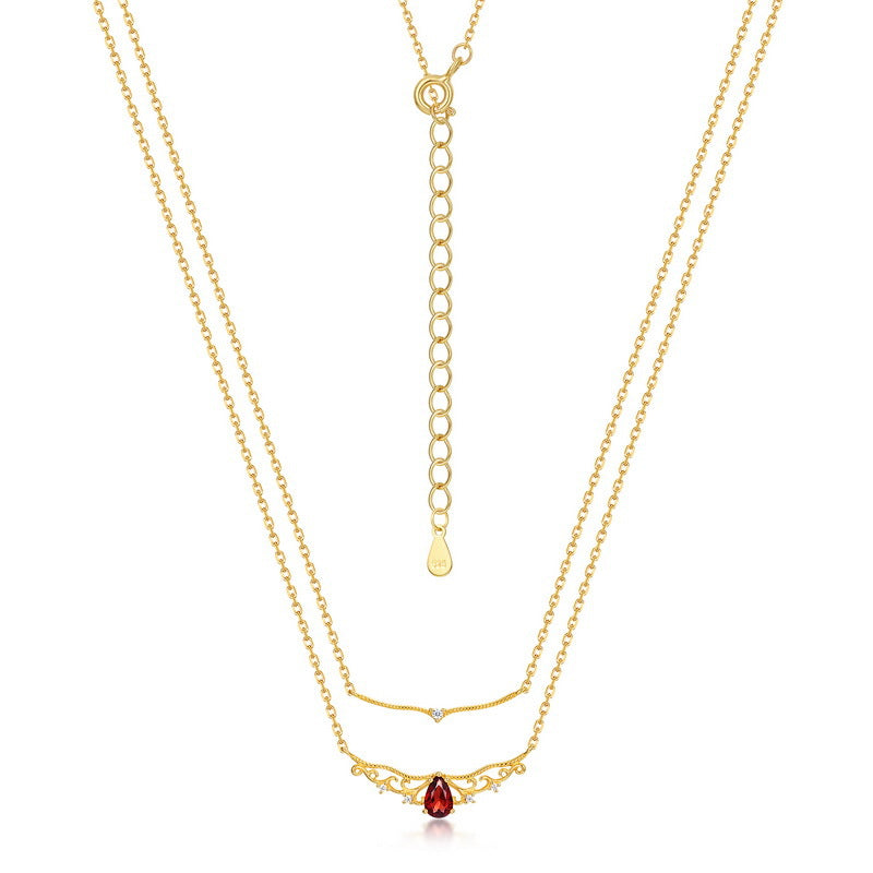 S925 sterling silver plated with 14K gold natural red garnet double-layer crown ring with adjustable opening