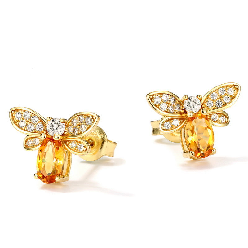 S925 sterling silver plated with 10K gold Japanese and Korean style natural citrine peridot bee set