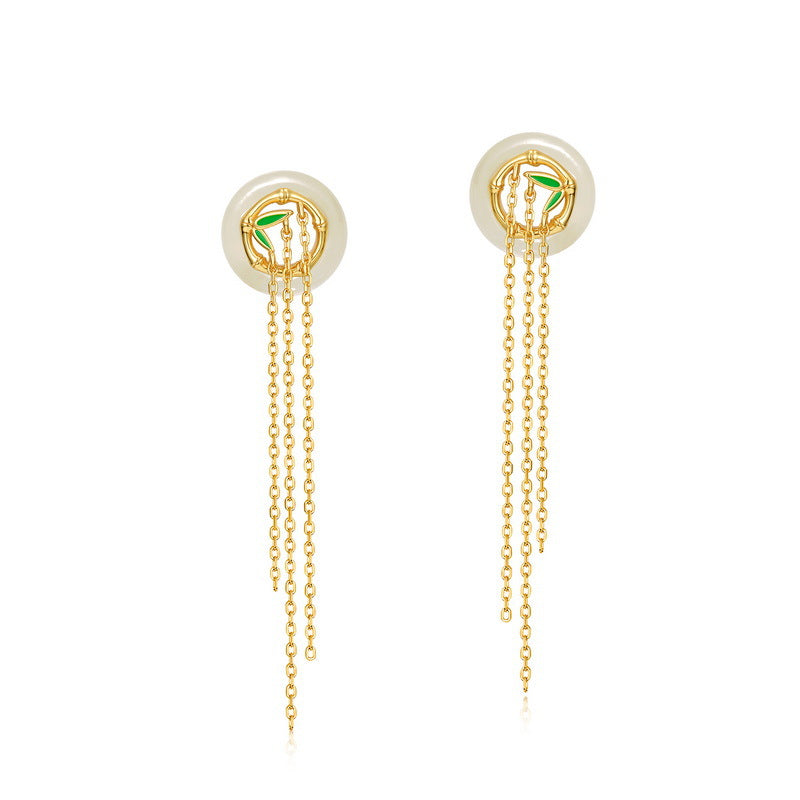 S925 sterling silver plated with 10K gold, simple and stylish Hetian jade lucky bamboo jewelry set