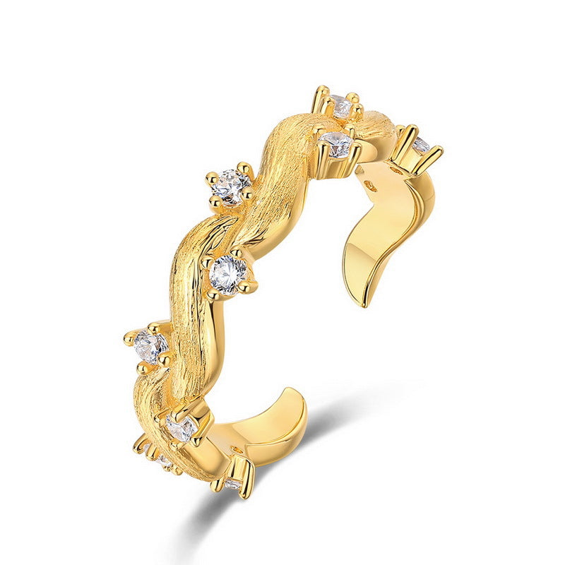 S925 sterling silver with 10K gold plated hand-brushed imitation diamond twist ring | Japanese and Korean exquisite light luxury ring with a sense of ceremony design