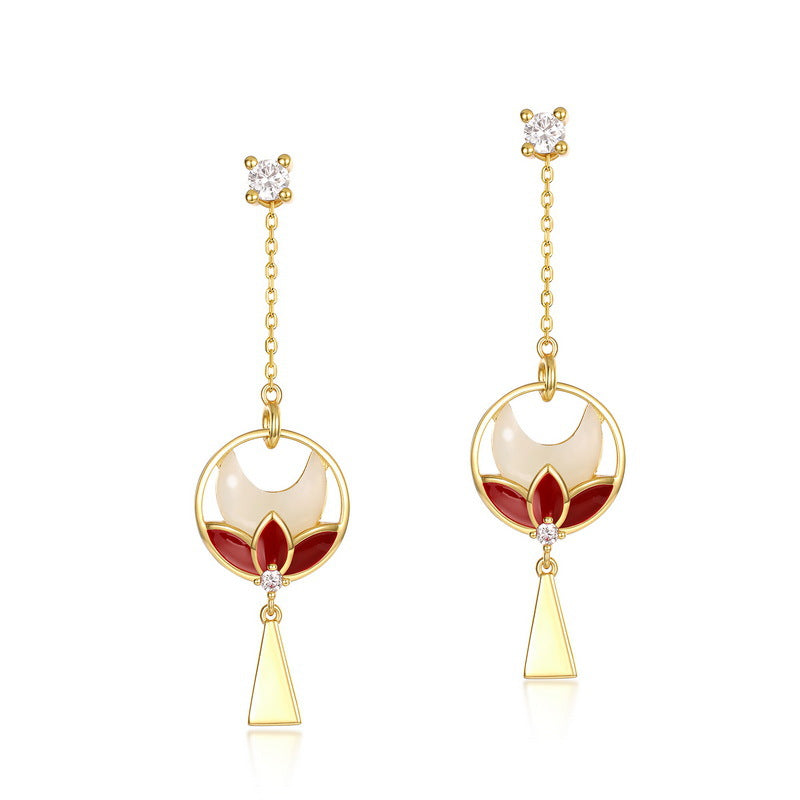 Hetian Jade Imitation Diamond Earrings | S925 Sterling Silver with 10K Gold Plated Elegant Chinese Lotus Fan-Shaped Jewelry