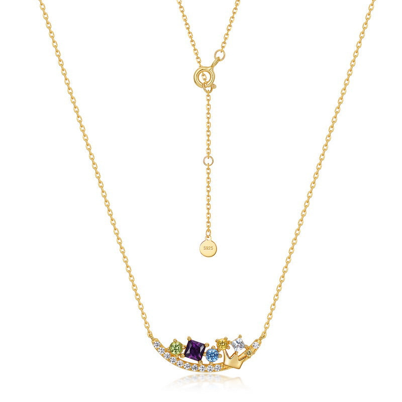 日韓風爆款項鍊!S925 純銀鍍 10K 金,彩鋯仿鑽皇冠弧形設計