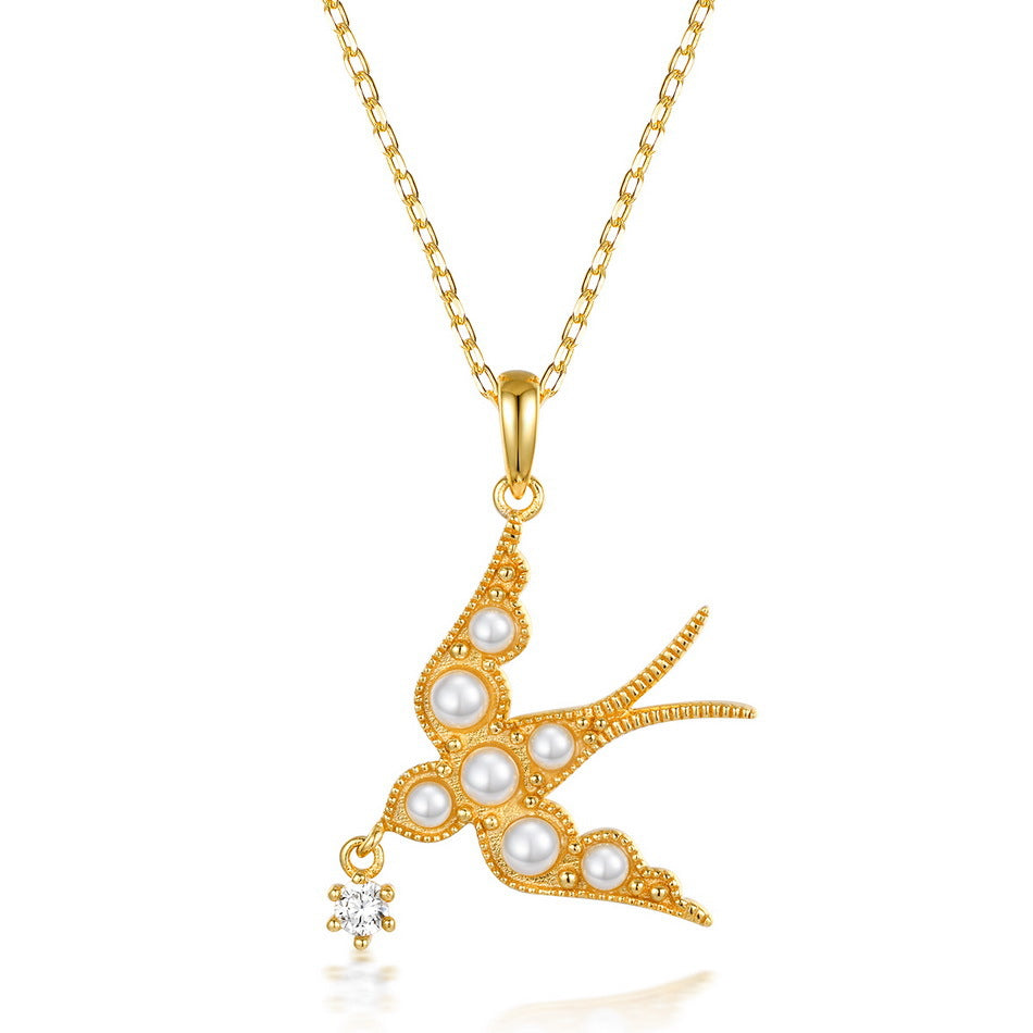 日韓風必備!S925 純銀鍍 9K 金,貝殼珠仿鑽燕子造型首飾套裝