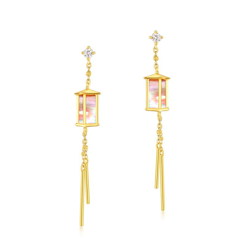 S925 純銀鍍 10K 金耳環|天然粉貝殼燈籠造型 東方古典風首選