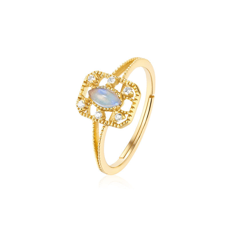 S925 純銀鍍 9K 金戒指|天然歐泊月光石配仿鑽 復古夢幻必備