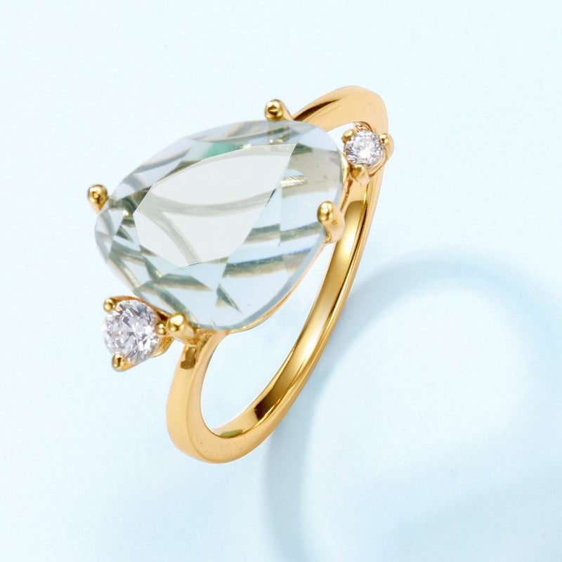 S925 純銀鍍 10K 金歐美風戒指|合成水晶水滴仿鑽 時尚個性必備