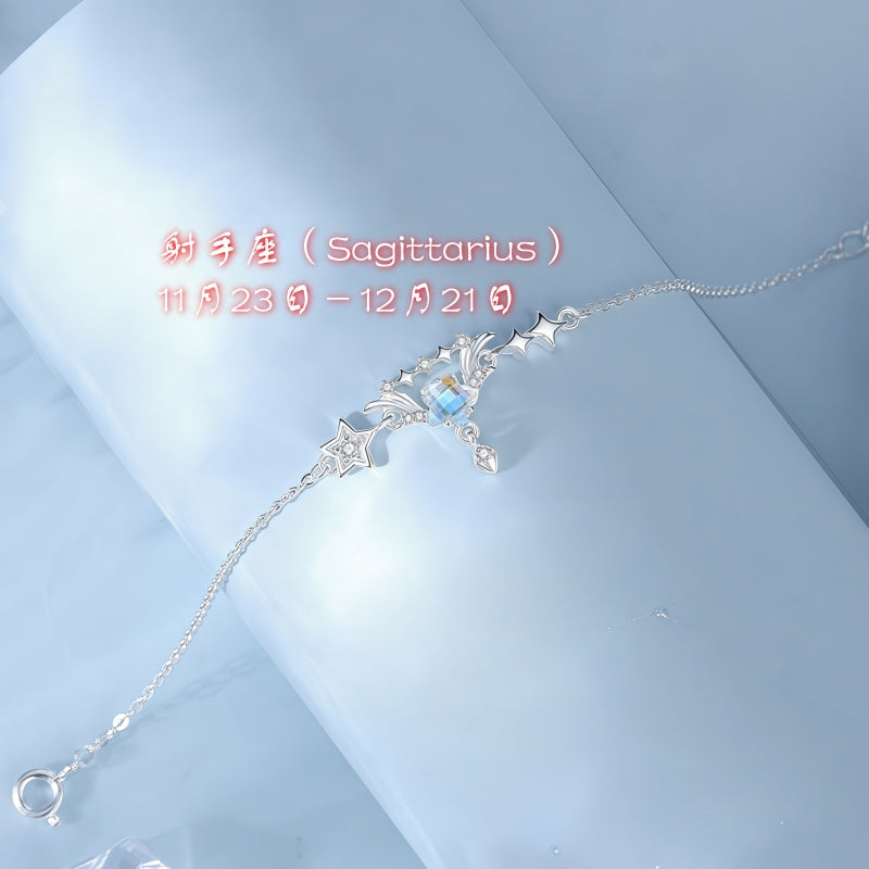 Synthetic Moonstone Zodiac Bracelet | S925 Sterling Silver Imitation Diamond Lucky Charm