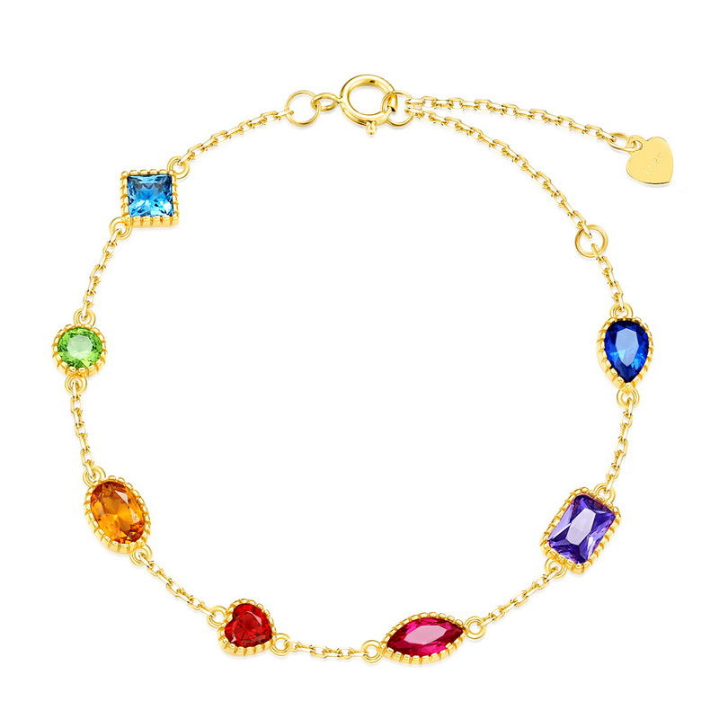 S925 sterling silver with 9K gold-plated zirconium set | Artistic holiday style rainbow gemstone necklace, earrings and bracelet combination
