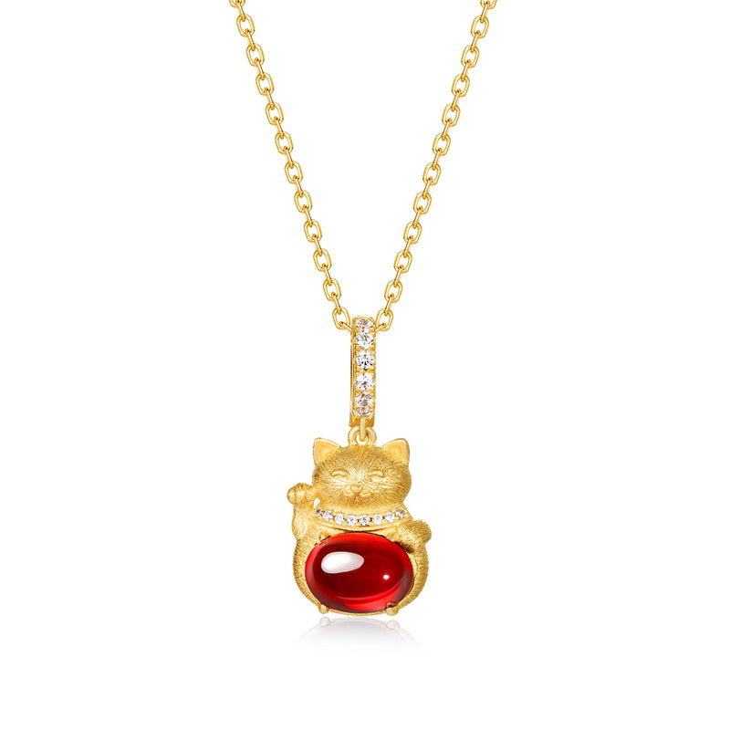 S925 sterling silver with 10K gold plated hand-brushed lucky cat pendant | Red garnet and diamond necklace to attract wealth and fortune lucky jewelry