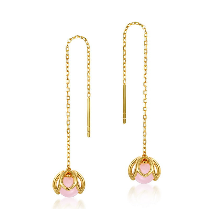 S925 純銀鍍 9K 金日韓風耳線|天然粉水晶 + 淡水珍珠 花朵造型仙氣必備