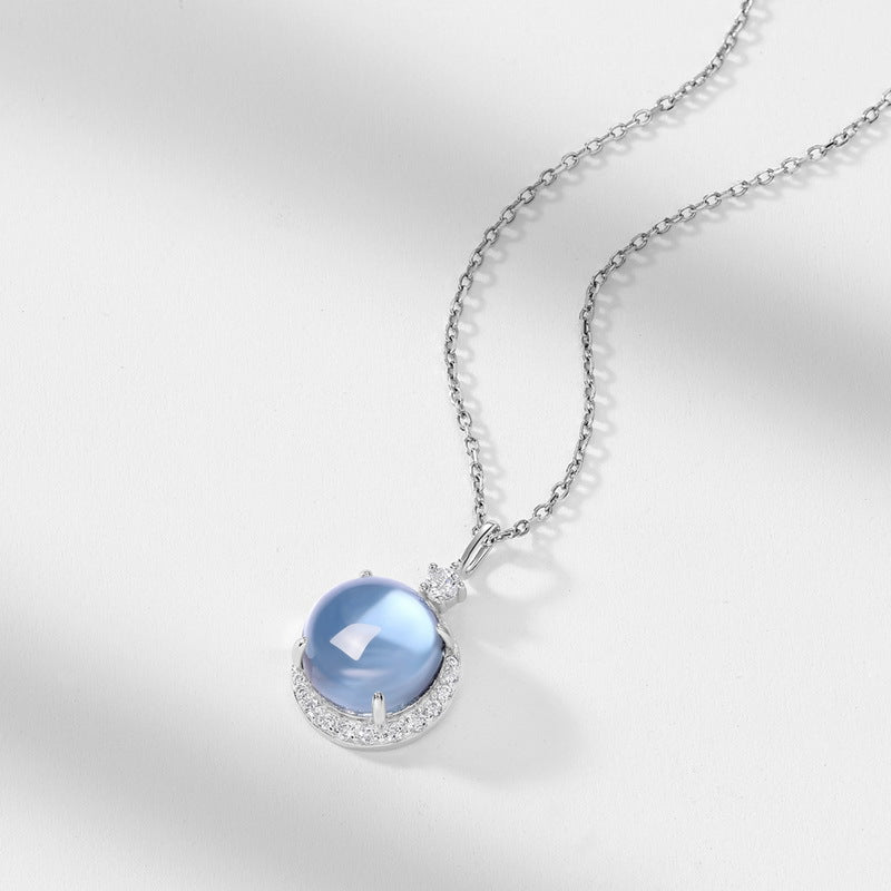 S925 sterling silver plated thick silver platinum sky blue topaz necklace | Elegant and intellectual clavicle necklace textured jewelry