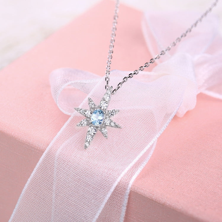 日韓潮流必備!S925 純銀鍍厚銀白金,天然天空藍托帕石仿鑽項鏈