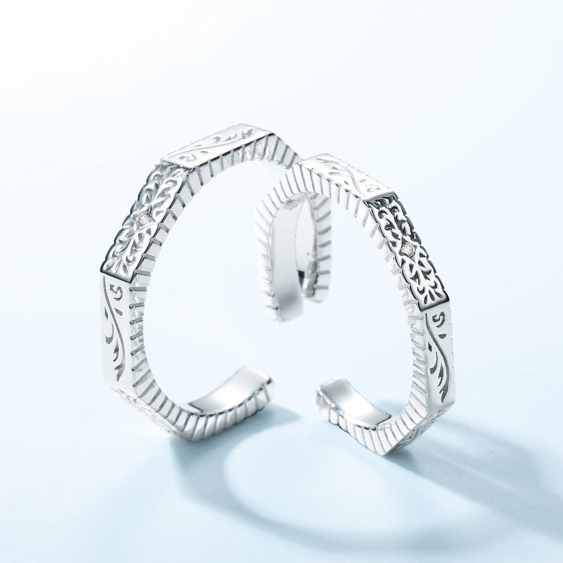 S925 sterling silver thick silver and white gold carved couple rings | Romantic vow design with diamond embellishment