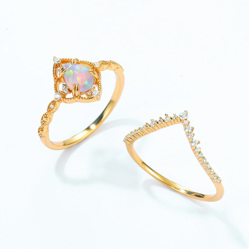 S925 純銀鍍 10K 金日韓風戒指套裝|合成歐泊仿鑽 夢幻精緻必備