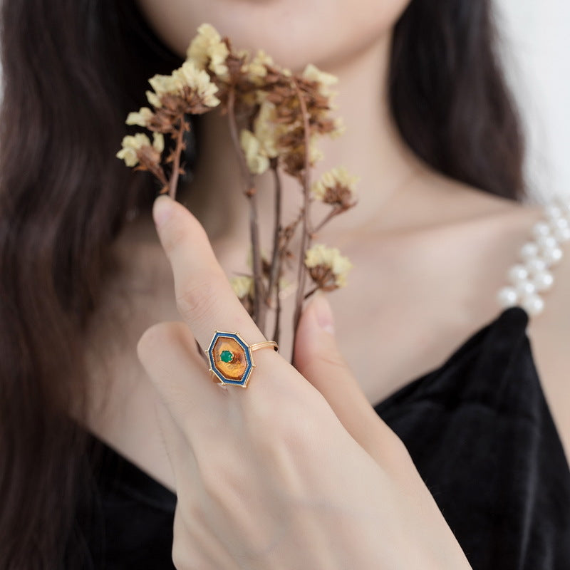 復古風 S925 純銀鍍 9K 金飾品|天然琥珀與綠瑪瑙精緻套裝