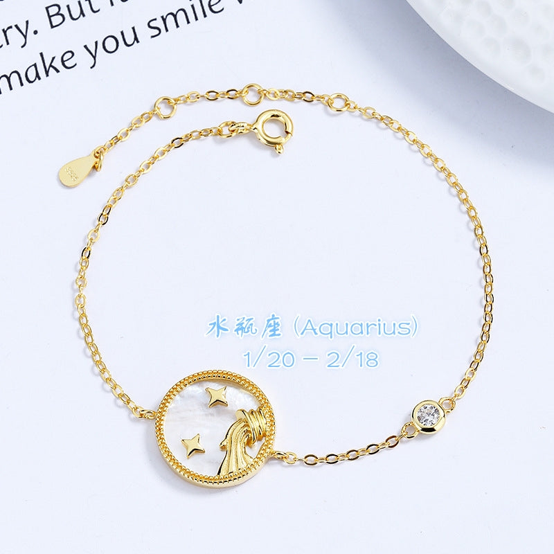 S925 sterling silver with 18K gold plating, twelve zodiac signs bracelet | white shell imitation diamond interstellar lucky charm