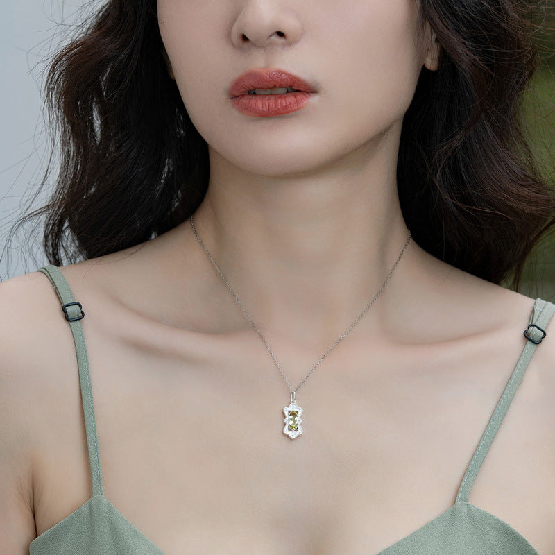S925 sterling silver Japanese and Korean style retro picture frame lemon crystal pendant necklace