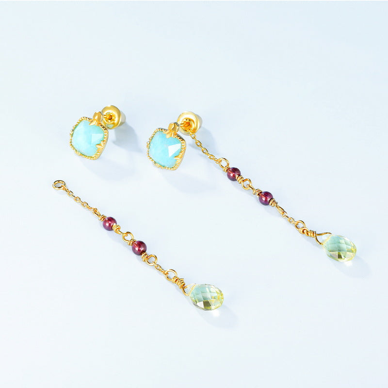 S925 sterling silver with 10K gold-plated natural amazonite jewelry set | Detachable peridot hanging earrings, a niche exquisite jewelry