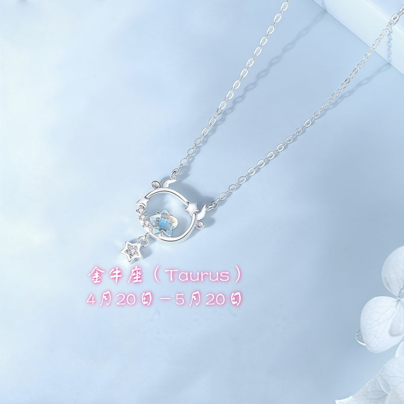 S925 sterling silver twelve zodiac moonstone necklace | inlaid with imitation diamonds interstellar romantic jewelry