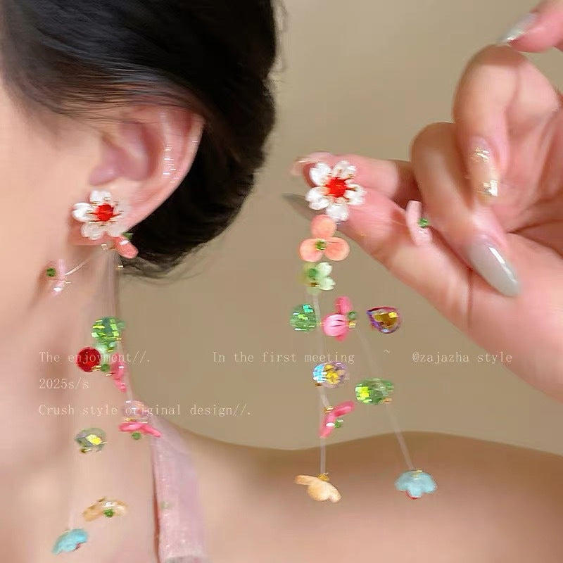波西米亞超仙花朵流蘇耳環女早春時尚百搭耳釘輕奢高級感耳飾