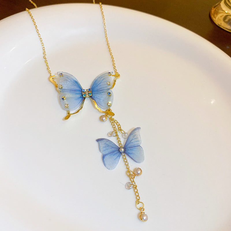 超仙少女心鑲鑽珍珠網紗蝴蝶流蘇項鍊時尚鎖骨鏈小清新甜美項飾女