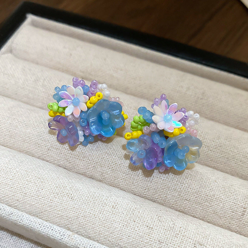 銀針小清新藍色米珠水晶花朵耳環甜美少女耳釘輕奢高級感耳飾