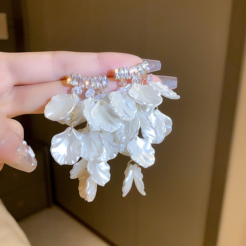 銀針超仙白色愛心花朵流蘇耳環個性氣質百搭耳釘輕奢高級感耳飾女