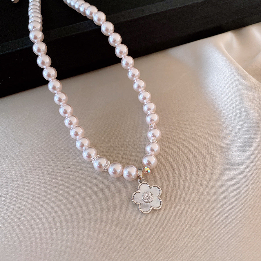法式鋯石貝母花朵曼塔玫瑰珍珠項鍊輕奢小衆鎖骨鏈時尚設計感項飾