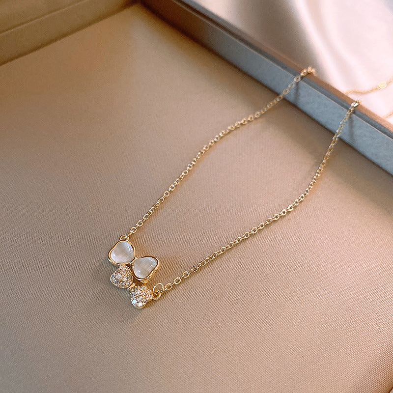 真金電鍍鋯石貝母愛心蝴蝶結項鍊新款時尚鎖骨鏈輕奢高級感項飾女