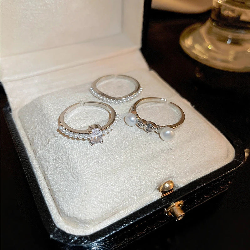 跨境歐美褶皺不規則橢圓愛心珍珠開口戒指時尚食指戒高級感手飾女