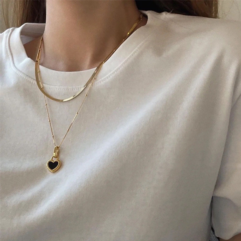 韓國氣質愛心方牌珍珠項鍊金屬風鑲鑽蝴蝶結鎖骨鏈項墜簡約項飾女