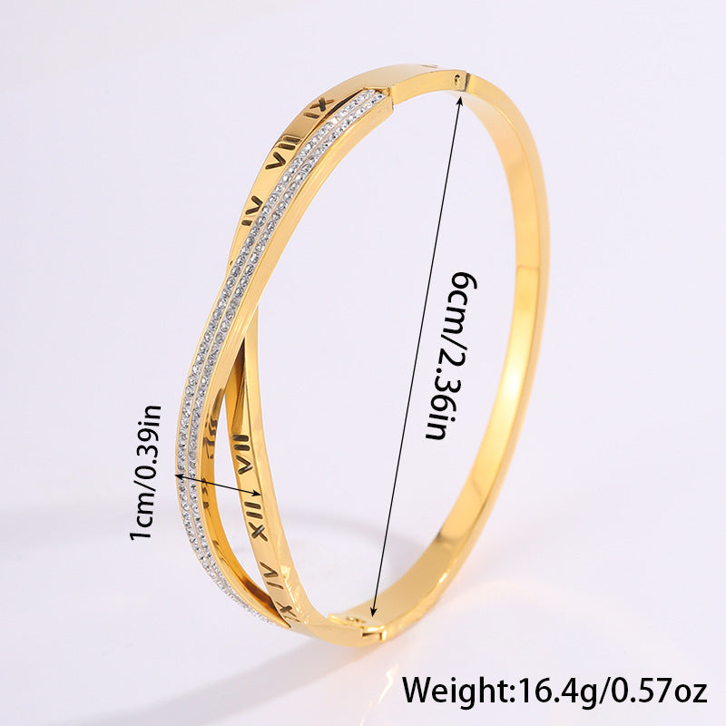 鈦鋼手鐲跨境交叉羅馬數字手鐲鋯石時尚滿鑽簡約氣質不鏽鋼手鐲