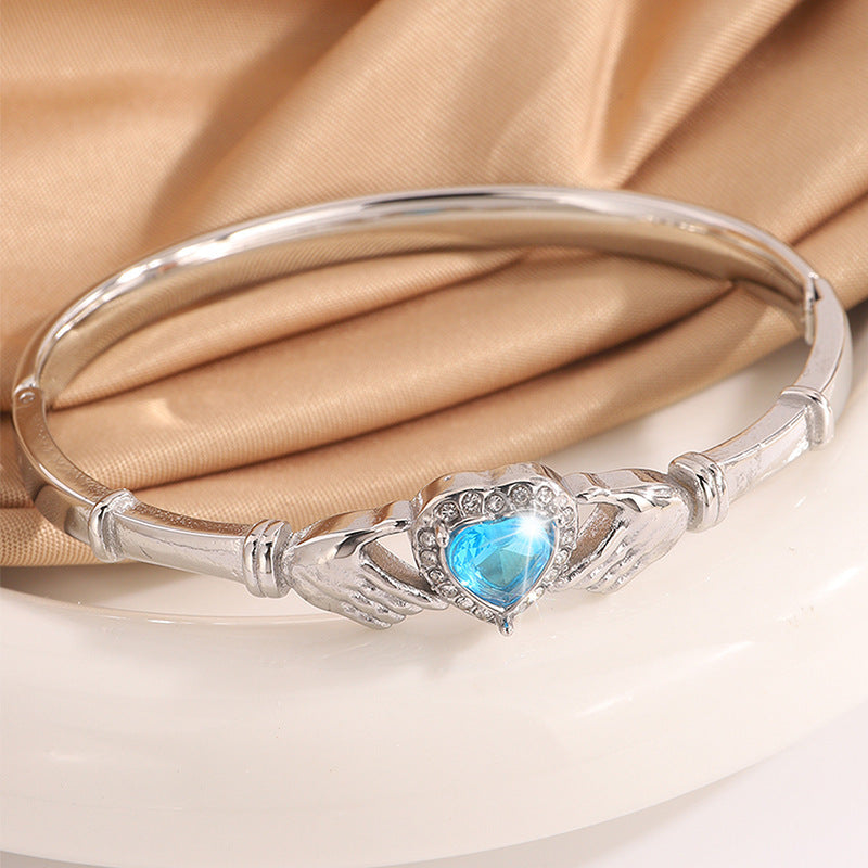 跨境新品愛心鑲鑽守護鈦鋼手鐲個性設計海藍之心真金電鍍手鐲飾品