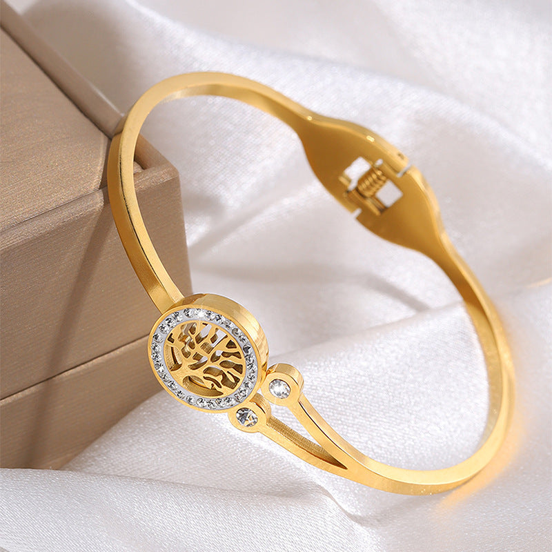 歐美新款不鏽鋼手鐲ins風生命樹開口鑲鑽卡扣高級不掉色鈦鋼手環