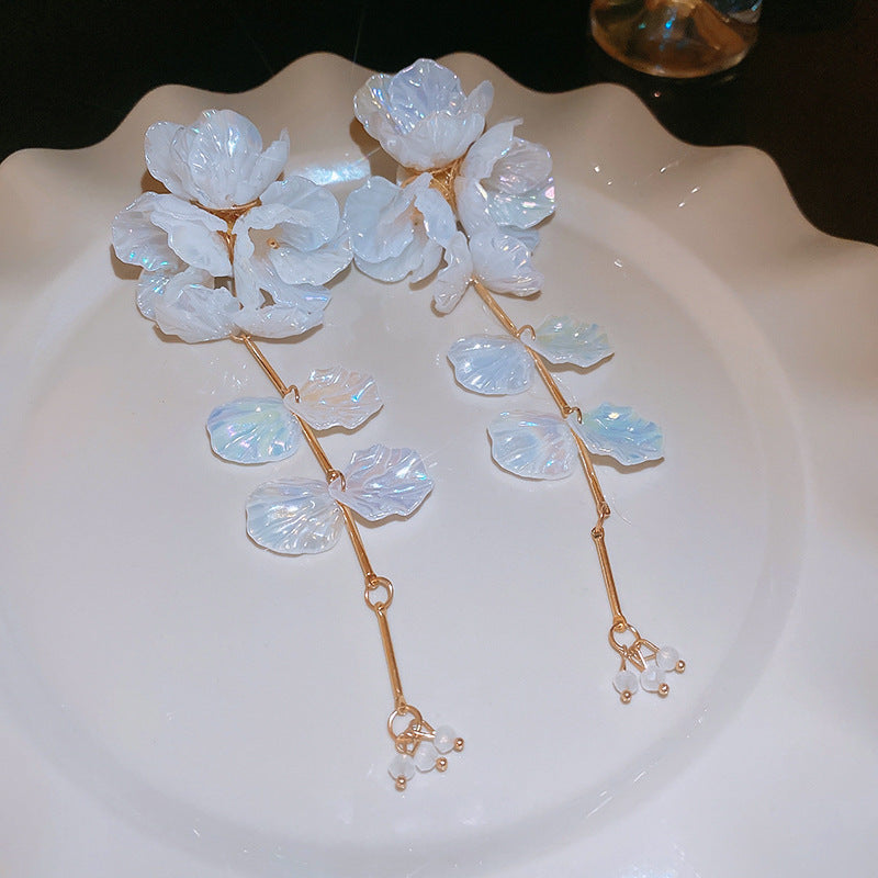 波西米亞超仙花朵流蘇耳環女早春時尚百搭耳釘輕奢高級感耳飾