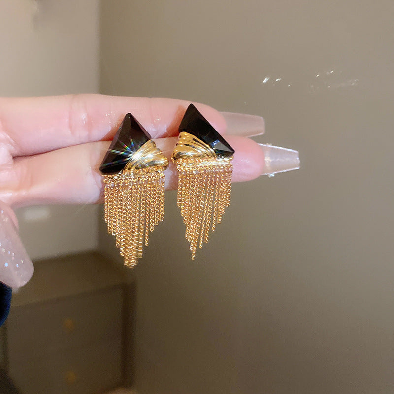 銀針新中式黑色系竹子花朵珍珠流蘇耳環氣質百搭耳釘高級感耳飾女