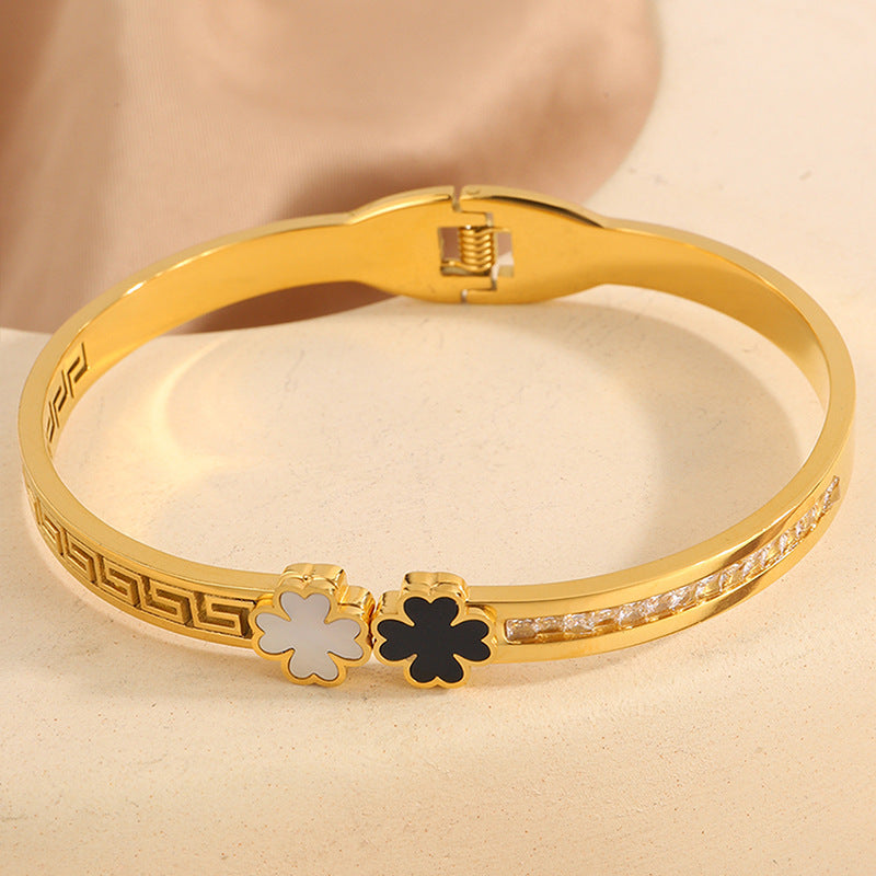 跨境新款四葉草貝母鑲鑽鈦鋼手鐲輕奢高級感ins風不鏽鋼手鐲飾品