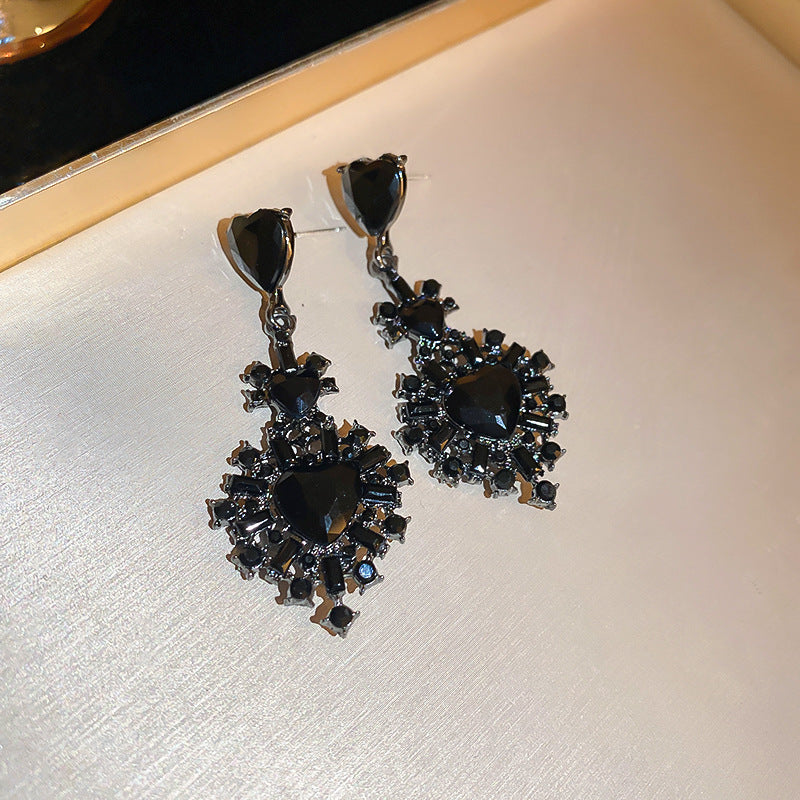 歐美黑色鑲鑽蝴蝶花朵流蘇耳環小衆氣質耳釘跨境高級感輕奢耳飾女